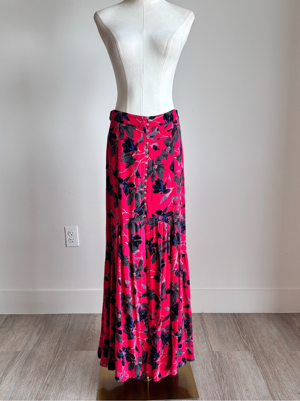 free people bright pink floral button down tiered maxi skirt size 8